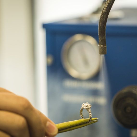 Steam Cleaning of  diamond ring in jewellery workshop